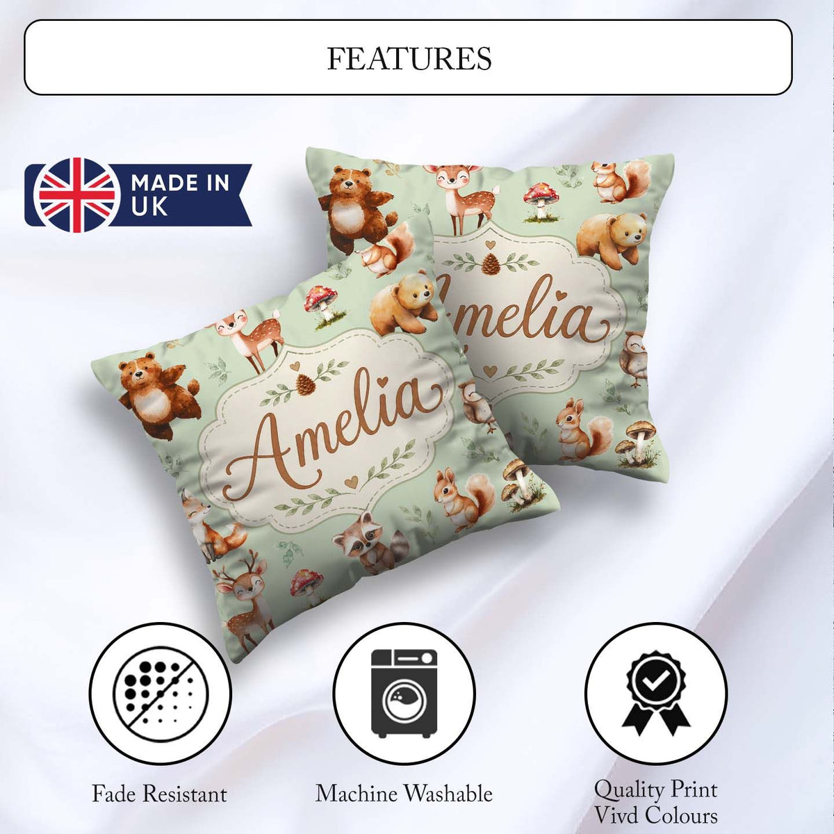 Custom Name Woodland Deer Bear Fox Owl Raccoon Leaves Sage Green Square Filled Cushion Throw Pillow Sofa Bed Home Decor Zip Washable UK Made