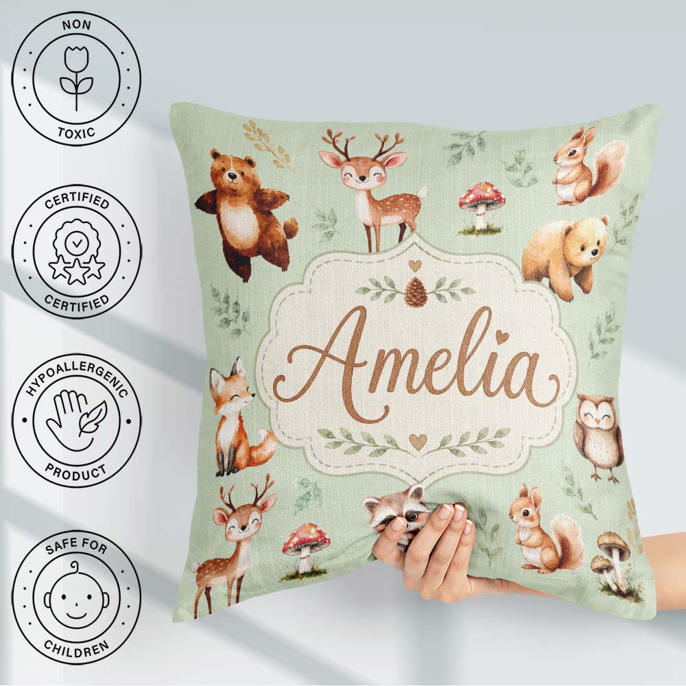Custom Name Woodland Deer Bear Fox Owl Raccoon Leaves Sage Green Square Filled Cushion Throw Pillow Sofa Bed Home Decor Zip Washable UK Made