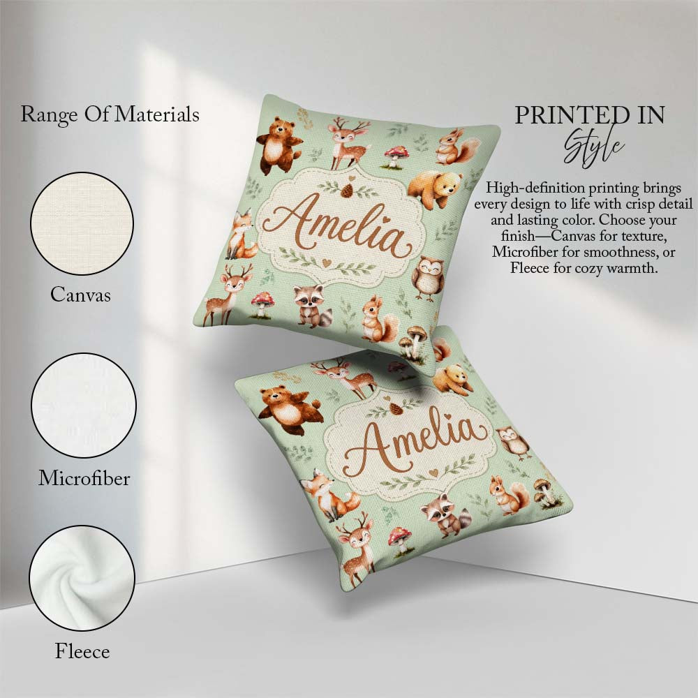 Custom Name Woodland Deer Bear Fox Owl Raccoon Leaves Sage Green Square Filled Cushion Throw Pillow Sofa Bed Home Decor Zip Washable UK Made