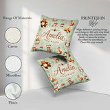 Custom Name Woodland Deer Bear Fox Owl Raccoon Leaves Sage Green Square Filled Cushion Throw Pillow Sofa Bed Home Decor Zip Washable UK Made