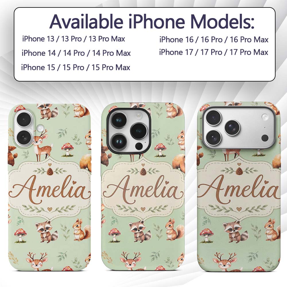 Woodland Deer Bear Fox Owl Raccoon Printed Design Custom Name Protective Phone Case Mobile Cover Durable Everyday Smartphone Shock Resistant