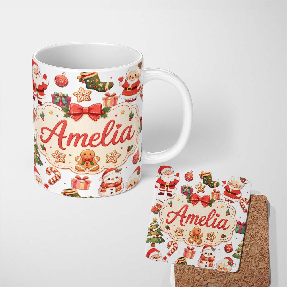 Personalized Custom Name Cute Santa Claus Mrs Claus Snowman Christmas Gift Candy Cane White 11oz Ceramic Coffee Tea Mug White Large Handle