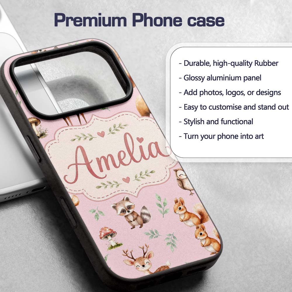 Woodland Deer Bear Fox Owl Raccoon Printed Design Custom Name Protective Phone Case Mobile Cover Durable Everyday Smartphone Shock Resistant