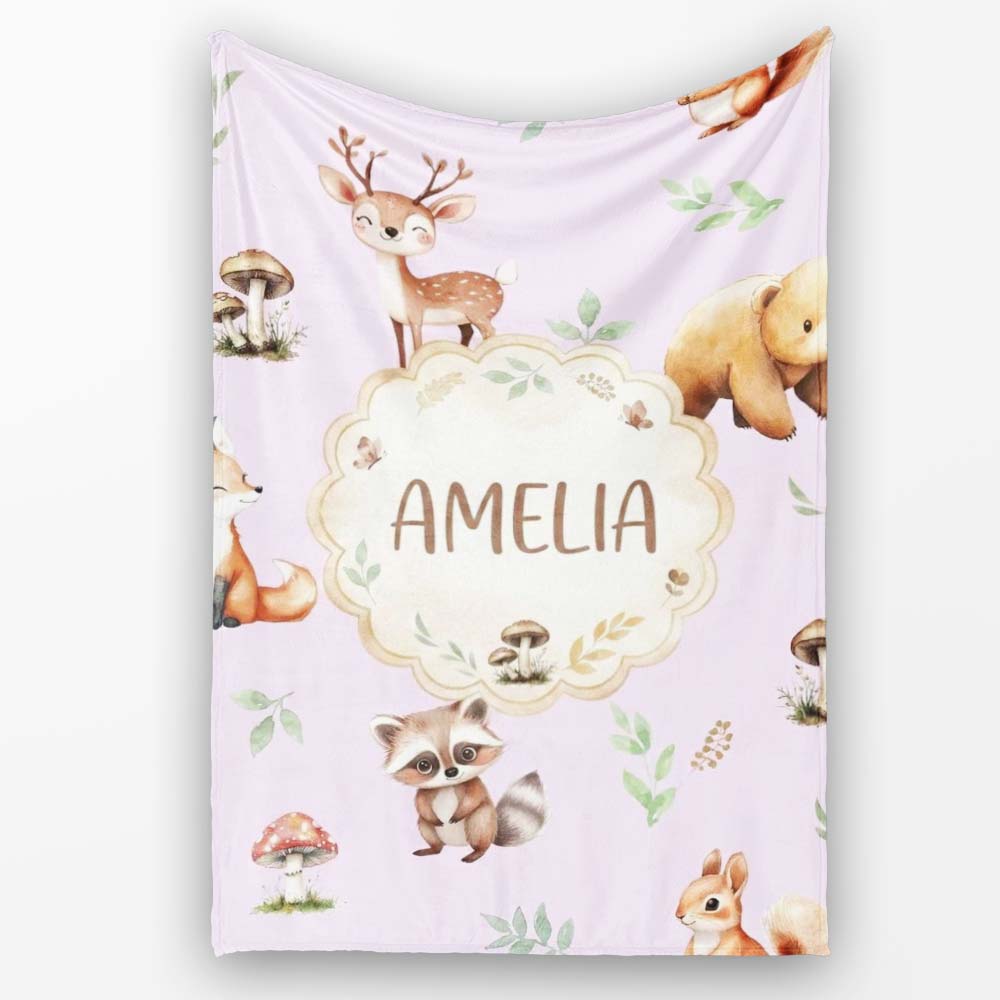 Woodland Deer Bear Fox Owl Raccoon Leaves Mushrooms Lilac Seamless  Personalised Custom Name Super Soft Fleece Blanket Bed Sofa Throw