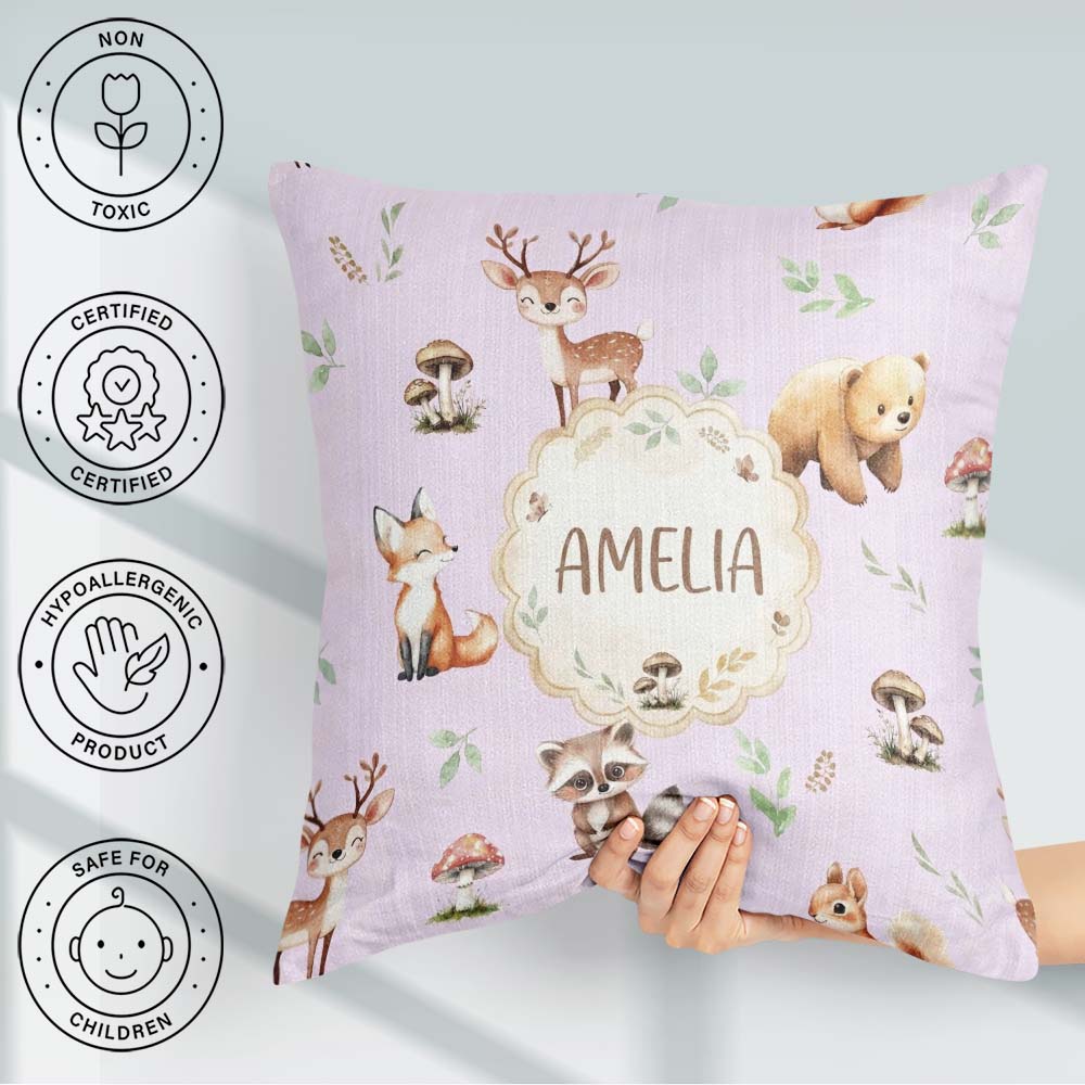 Custom Name Woodland Deer Fox Owl Raccoon Leaves Mushrooms Lilac Square Filled Cushion Throw Pillow Sofa Bed Home Decor Zip Washable UK Made