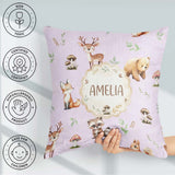 Custom Name Woodland Deer Fox Owl Raccoon Leaves Mushrooms Lilac Square Filled Cushion Throw Pillow Sofa Bed Home Decor Zip Washable UK Made