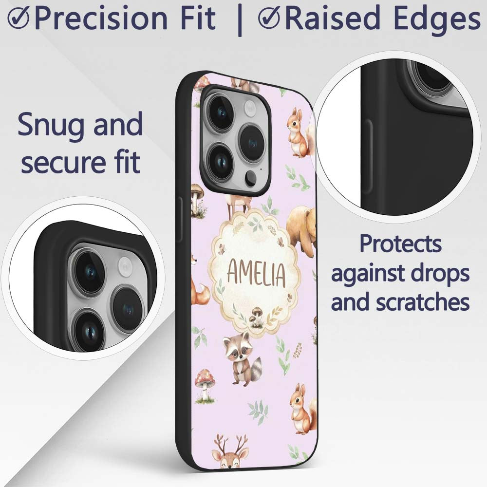 Woodland Deer Bear Fox Owl Raccoon Printed Design Custom Name Protective Phone Case Mobile Cover Durable Everyday Smartphone Shock Resistant