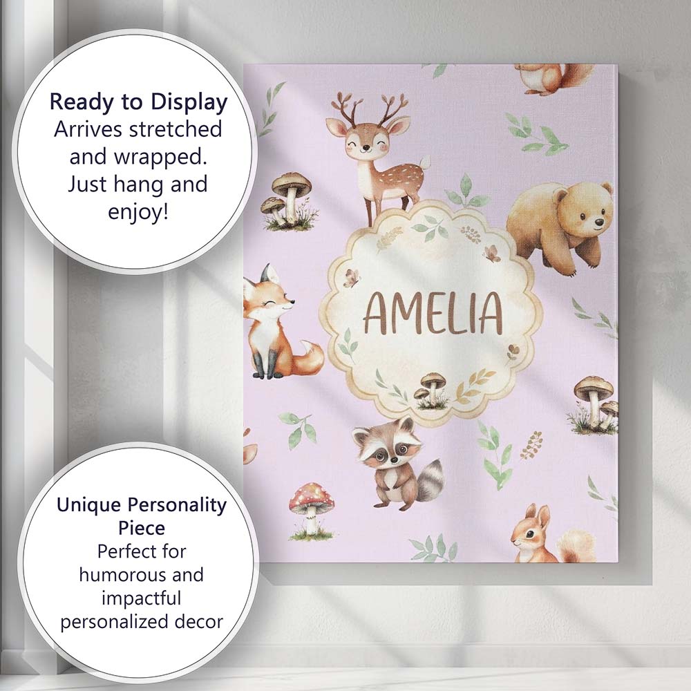 Personalised Name Woodland Deer Bear Fox Custom  Unique Gift Idea Elegant Feature Canvas Wall Art Print Decor Picture Ready to Hang