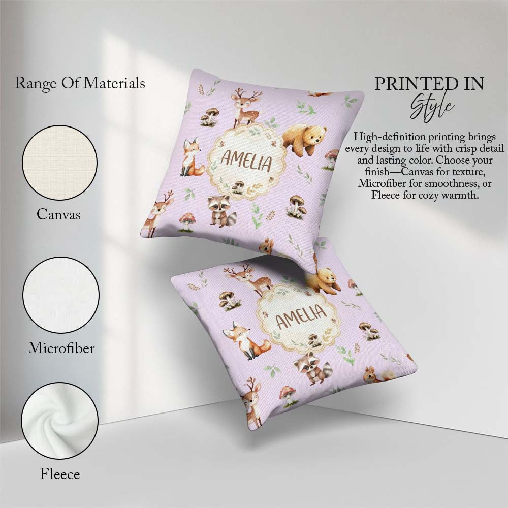 Custom Name Woodland Deer Fox Owl Raccoon Leaves Mushrooms Lilac Square Filled Cushion Throw Pillow Sofa Bed Home Decor Zip Washable UK Made