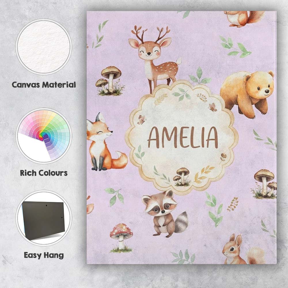 Personalised Name Woodland Deer Bear Fox Custom  Unique Gift Idea Elegant Feature Canvas Wall Art Print Decor Picture Ready to Hang
