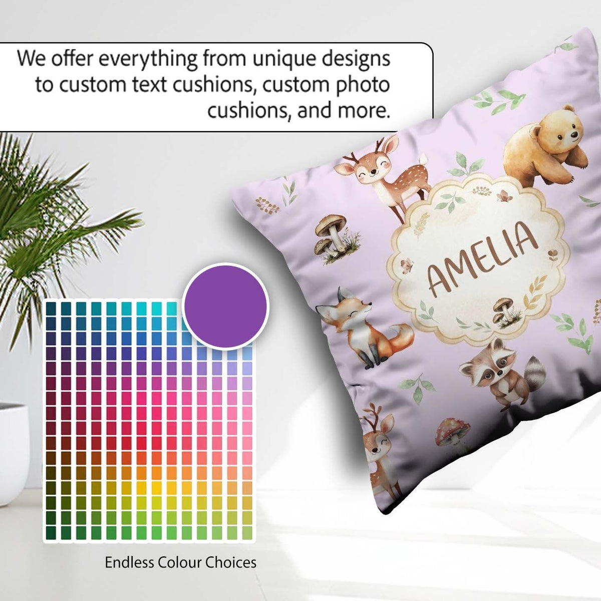 Custom Name Woodland Deer Fox Owl Raccoon Leaves Mushrooms Lilac Square Filled Cushion Throw Pillow Sofa Bed Home Decor Zip Washable UK Made