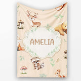 Woodland Deer Bear Fox Owl Raccoon Leaves Mushrooms Beige Seamless  Personalised Custom Name Super Soft Fleece Blanket Bed Sofa Throw