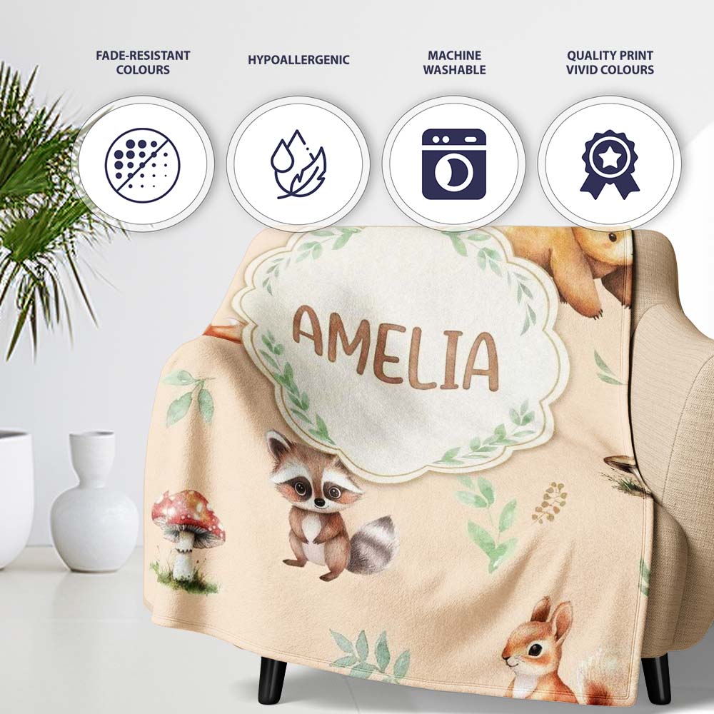 Woodland Deer Bear Fox Owl Raccoon Leaves Mushrooms Beige Seamless  Personalised Custom Name Super Soft Fleece Blanket Bed Sofa Throw