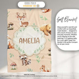Woodland Deer Bear Fox Owl Raccoon Leaves Mushrooms Beige Seamless  Personalised Custom Name Super Soft Fleece Blanket Bed Sofa Throw
