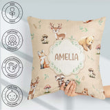 Custom Name Woodland Deer Fox Owl Raccoon Leaves Mushrooms Beige Square Filled Cushion Throw Pillow Sofa Bed Home Decor Zip Washable UK Made