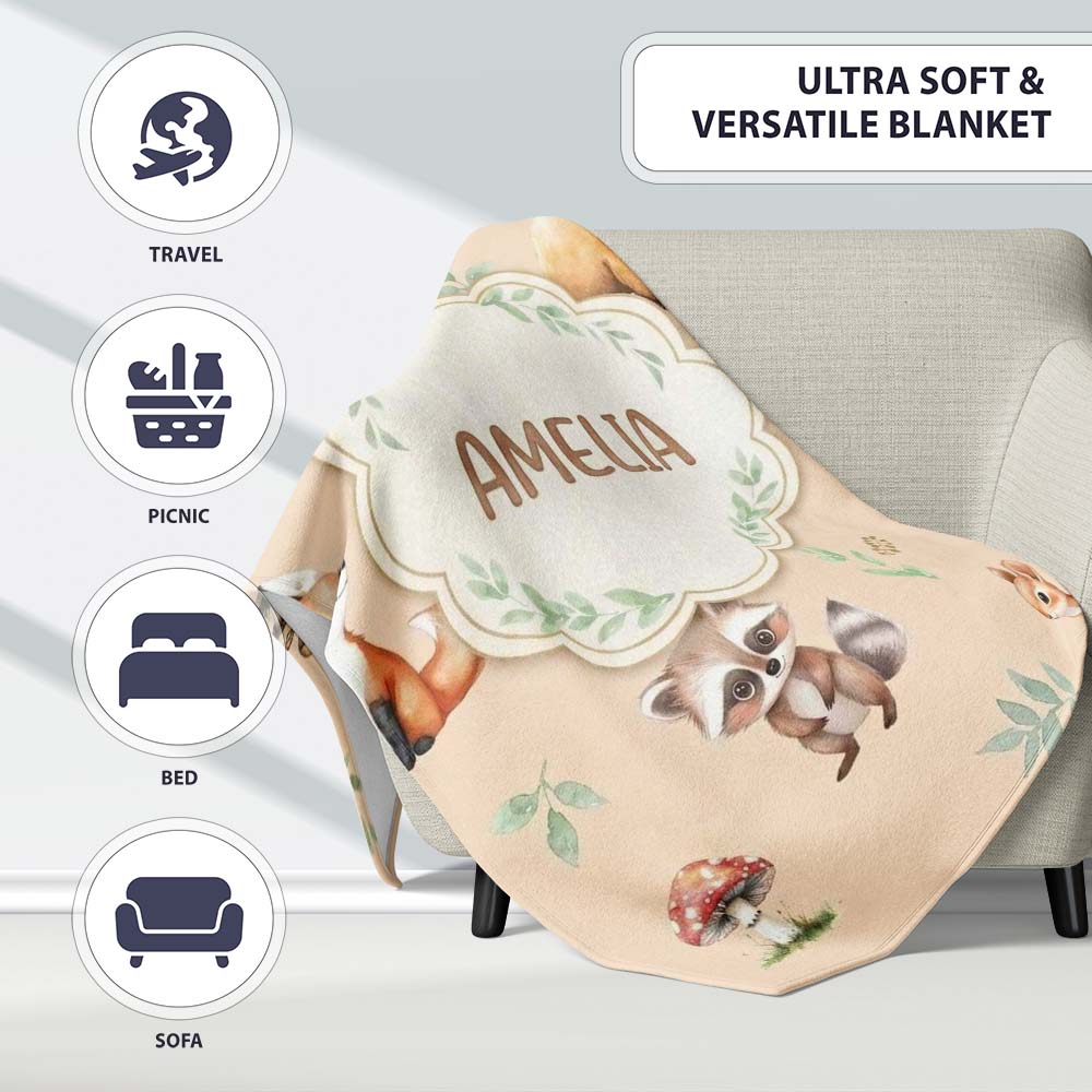 Woodland Deer Bear Fox Owl Raccoon Leaves Mushrooms Beige Seamless  Personalised Custom Name Super Soft Fleece Blanket Bed Sofa Throw