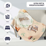 Woodland Deer Bear Fox Owl Raccoon Leaves Mushrooms Beige Seamless  Personalised Custom Name Super Soft Fleece Blanket Bed Sofa Throw