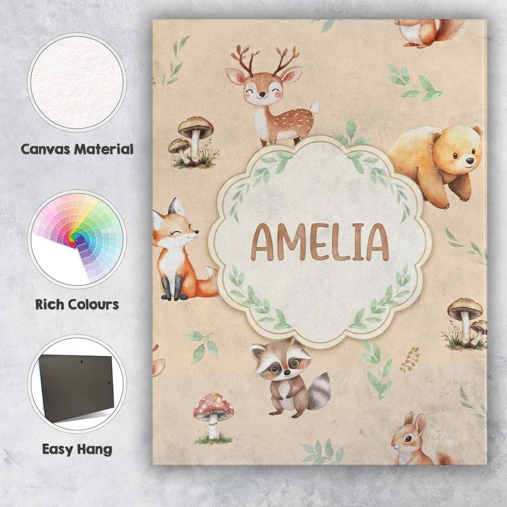 Personalised Name Woodland Deer Bear Fox Custom  Unique Gift Idea Elegant Feature Canvas Wall Art Print Decor Picture Ready to Hang