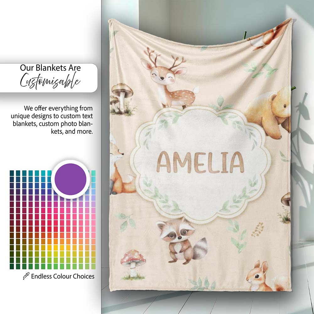 Woodland Deer Bear Fox Owl Raccoon Leaves Mushrooms Beige Seamless  Personalised Custom Name Super Soft Fleece Blanket Bed Sofa Throw
