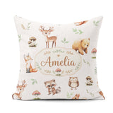 Custom Name Woodland Deer Bear Fox Owl Raccoon Leaves Light Grey Square Filled Cushion Throw Pillow Sofa Bed Home Decor Zip Washable UK Made