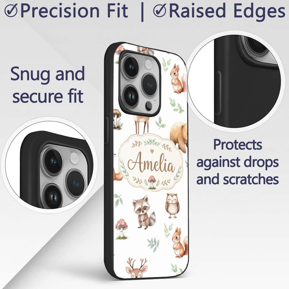 Woodland Deer Bear Fox Owl Raccoon Printed Design Custom Name Protective Phone Case Mobile Cover Durable Everyday Smartphone Shock Resistant