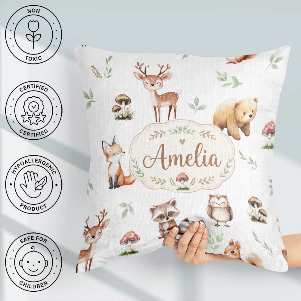 Custom Name Woodland Deer Bear Fox Owl Raccoon Leaves Light Grey Square Filled Cushion Throw Pillow Sofa Bed Home Decor Zip Washable UK Made