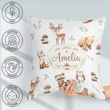 Custom Name Woodland Deer Bear Fox Owl Raccoon Leaves Light Grey Square Filled Cushion Throw Pillow Sofa Bed Home Decor Zip Washable UK Made