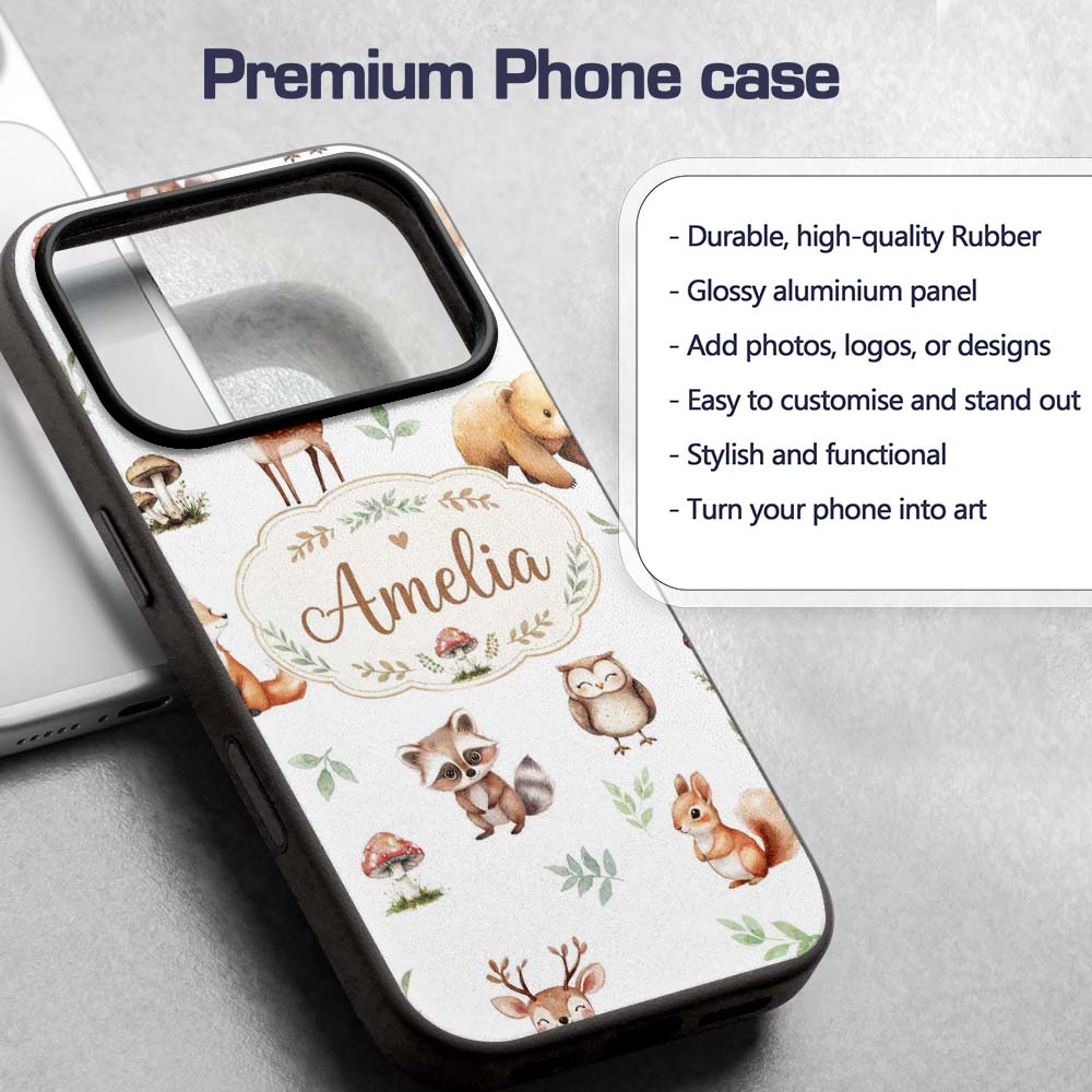 Woodland Deer Bear Fox Owl Raccoon Printed Design Custom Name Protective Phone Case Mobile Cover Durable Everyday Smartphone Shock Resistant