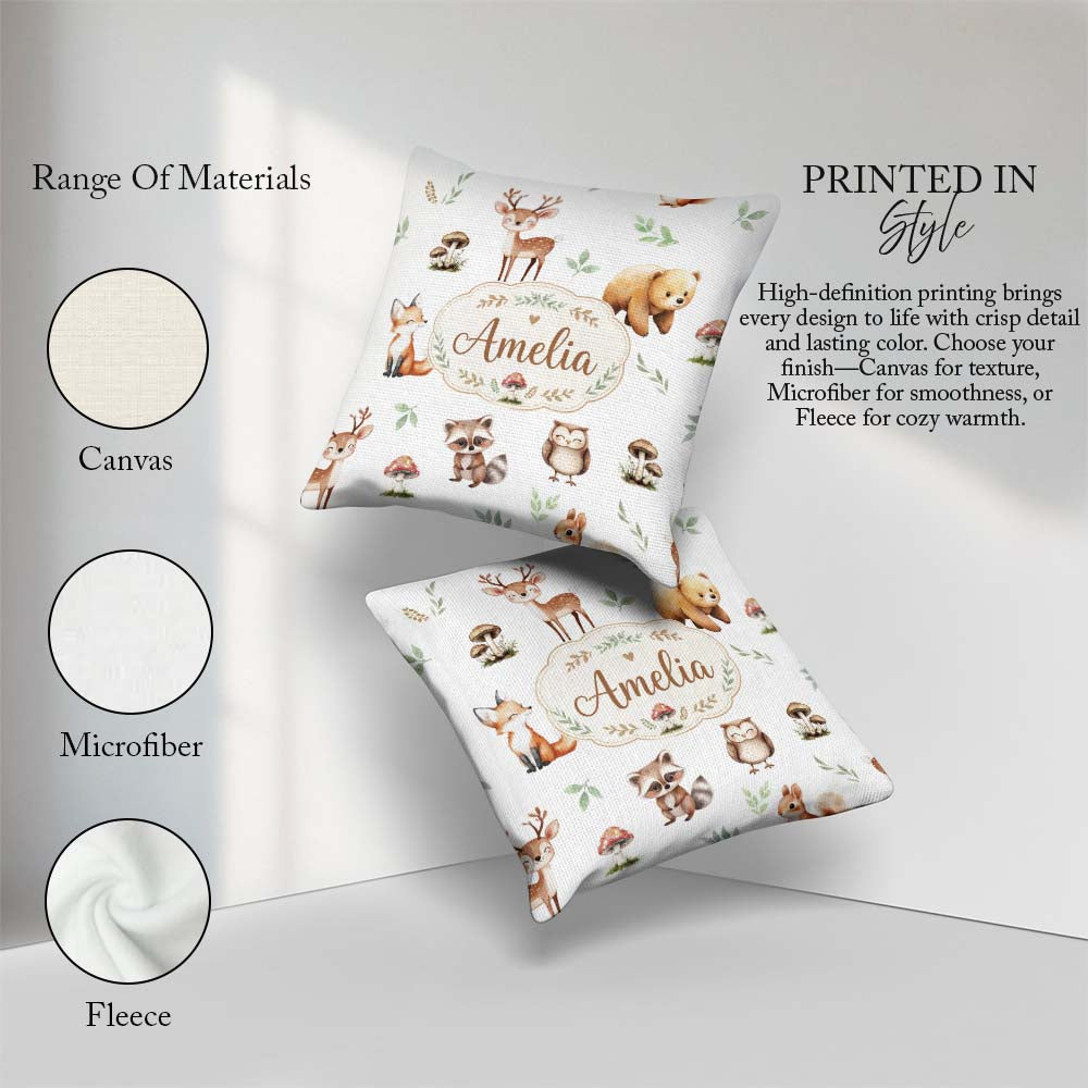 Custom Name Woodland Deer Bear Fox Owl Raccoon Leaves Light Grey Square Filled Cushion Throw Pillow Sofa Bed Home Decor Zip Washable UK Made