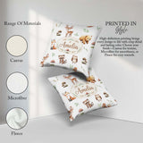 Custom Name Woodland Deer Bear Fox Owl Raccoon Leaves Light Grey Square Filled Cushion Throw Pillow Sofa Bed Home Decor Zip Washable UK Made