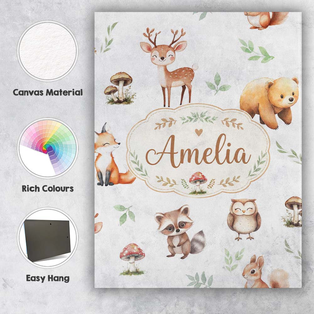 Personalised Name Woodland Deer Bear Fox Custom  Unique Gift Idea Elegant Feature Canvas Wall Art Print Decor Picture Ready to Hang