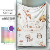 Woodland Deer Bear Fox Owl Raccoon Leaves Mushrooms Light Grey  Personalised Custom Name Super Soft Fleece Blanket Bed Sofa Throw