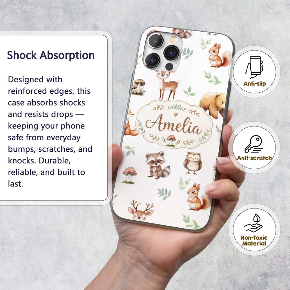 Woodland Deer Bear Fox Owl Raccoon Printed Design Custom Name Protective Phone Case Mobile Cover Durable Everyday Smartphone Shock Resistant