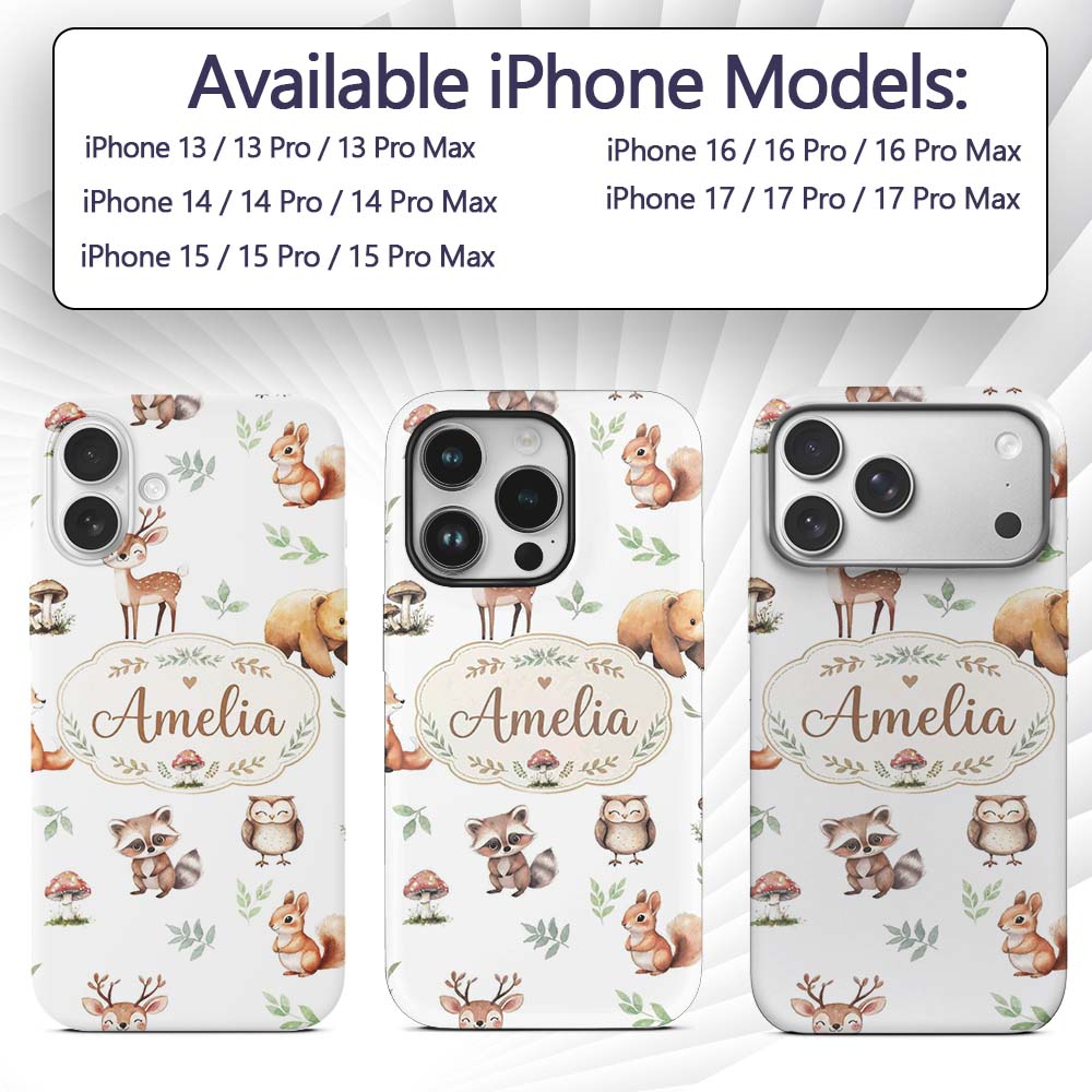Woodland Deer Bear Fox Owl Raccoon Printed Design Custom Name Protective Phone Case Mobile Cover Durable Everyday Smartphone Shock Resistant