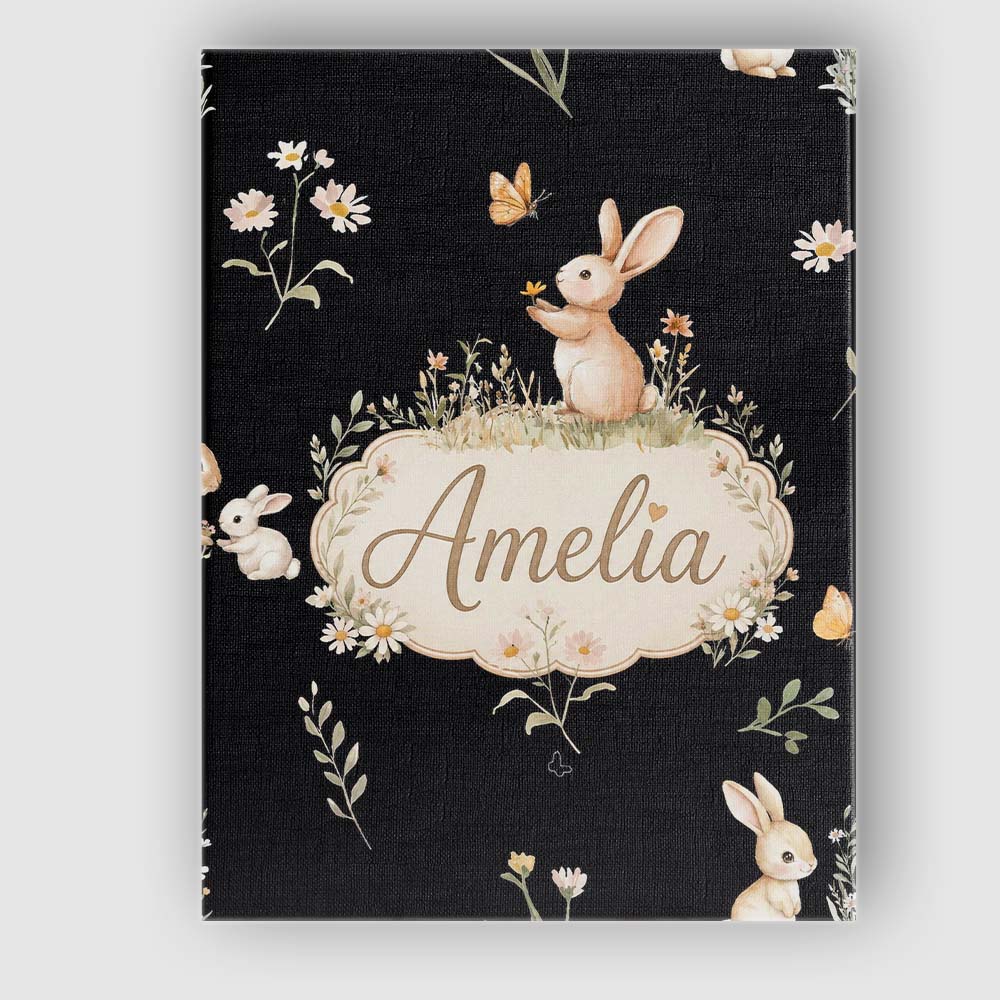 Personalised Name Bunny Rabbits Flowers Custom  Modern Room Accent Elegant Feature Canvas Wall Art Print Decor Picture Ready to Hang