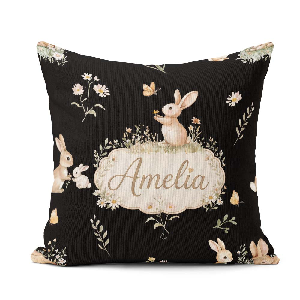 Custom Name Bunny Rabbits Butterflies Meadow Soft White Seamless Square Filled Cushion Throw Pillow Sofa Bed Home Decor Zip Washable UK Made