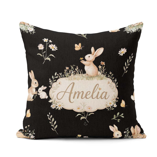 Custom Name Bunny Rabbits Butterflies Meadow Soft White Seamless Square Filled Cushion Throw Pillow Sofa Bed Home Decor Zip Washable UK Made