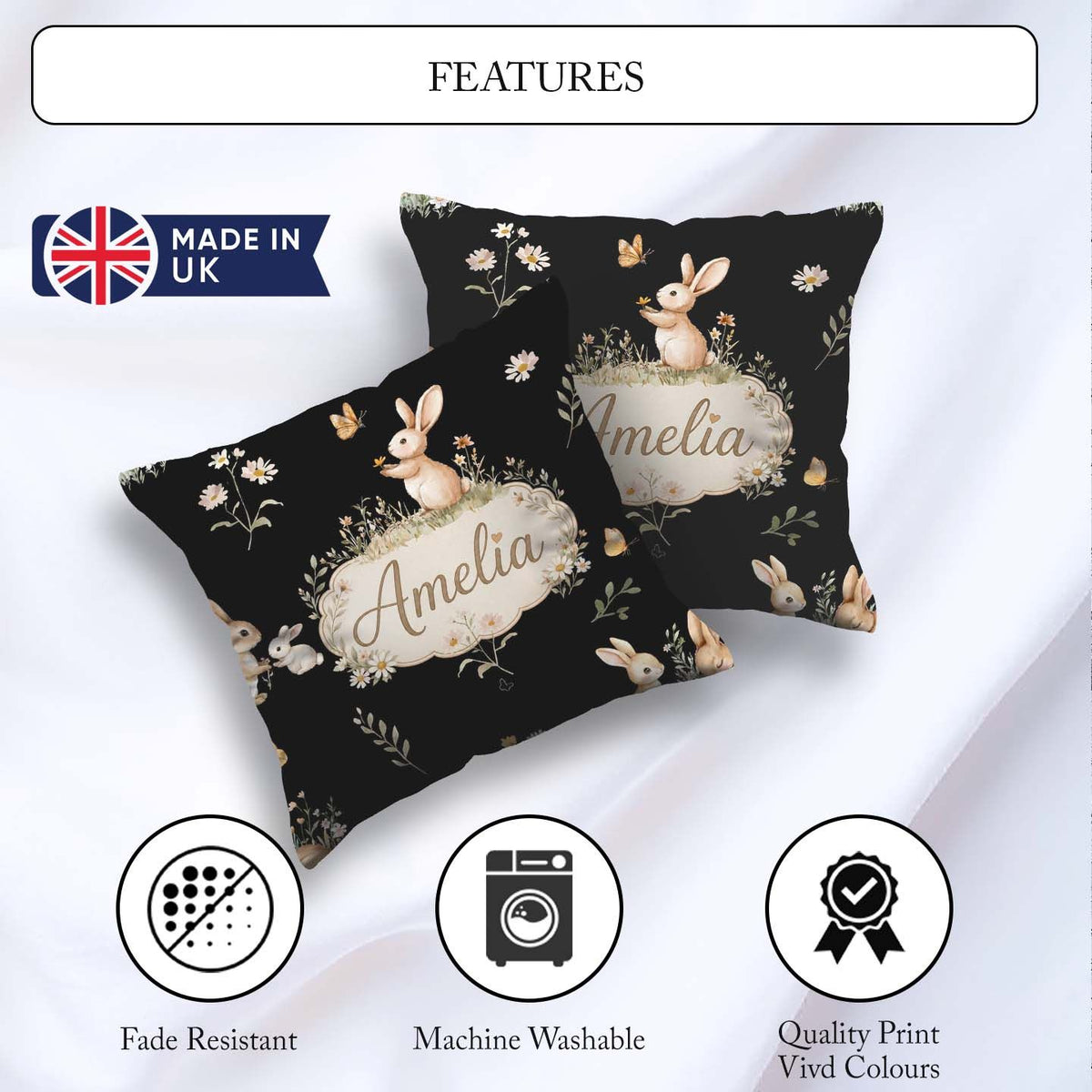 Custom Name Bunny Rabbits Butterflies Meadow Soft White Seamless Square Filled Cushion Throw Pillow Sofa Bed Home Decor Zip Washable UK Made