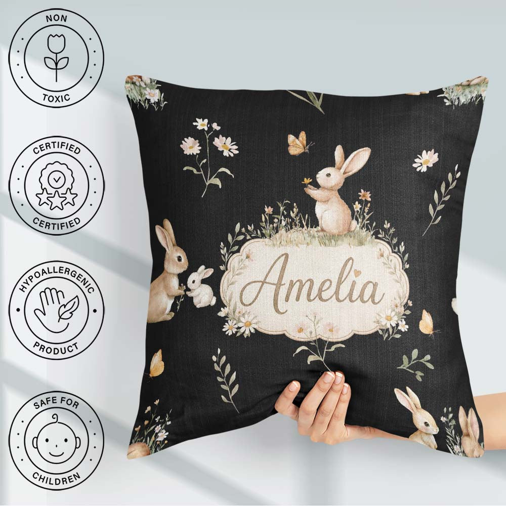 Custom Name Bunny Rabbits Butterflies Meadow Soft White Seamless Square Filled Cushion Throw Pillow Sofa Bed Home Decor Zip Washable UK Made