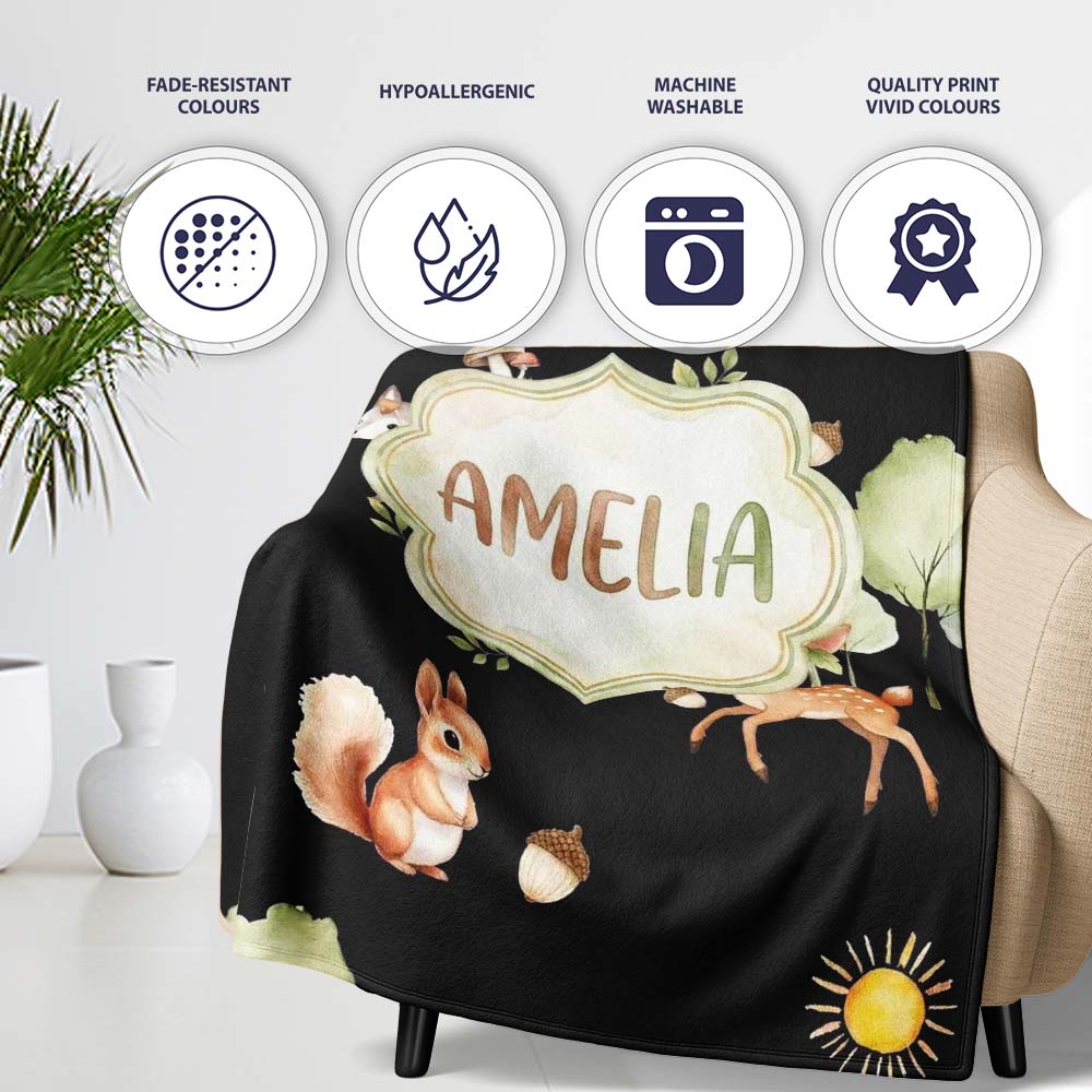 Woodland Deer Fox Trees Mushrooms Sun Animals White Seamless  Personalised Custom Name Super Soft Fleece Blanket Bed Sofa Throw