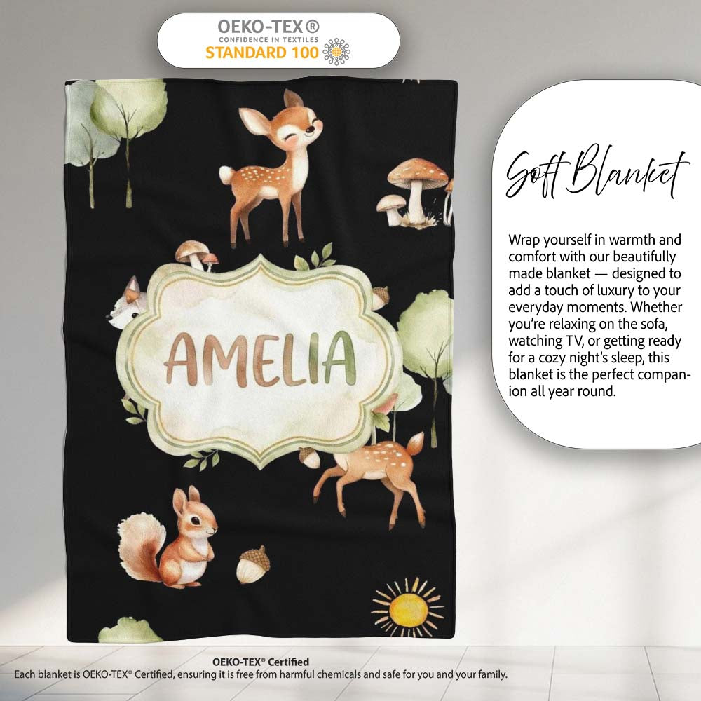 Woodland Deer Fox Trees Mushrooms Sun Animals White Seamless  Personalised Custom Name Super Soft Fleece Blanket Bed Sofa Throw
