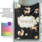 Woodland Deer Fox Trees Mushrooms Sun Animals White Seamless  Personalised Custom Name Super Soft Fleece Blanket Bed Sofa Throw