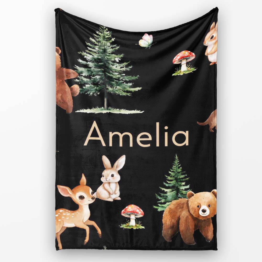 Woodland Animals Bear Deer Bunny Trees Mushrooms Butterfly Seamless  Personalised Custom Name Super Soft Fleece Blanket Bed Sofa Throw