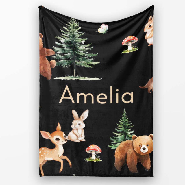 Woodland Animals Bear Deer Bunny Trees Mushrooms Butterfly Seamless  Personalised Custom Name Super Soft Fleece Blanket Bed Sofa Throw