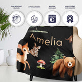 Woodland Animals Bear Deer Bunny Trees Mushrooms Butterfly Seamless  Personalised Custom Name Super Soft Fleece Blanket Bed Sofa Throw