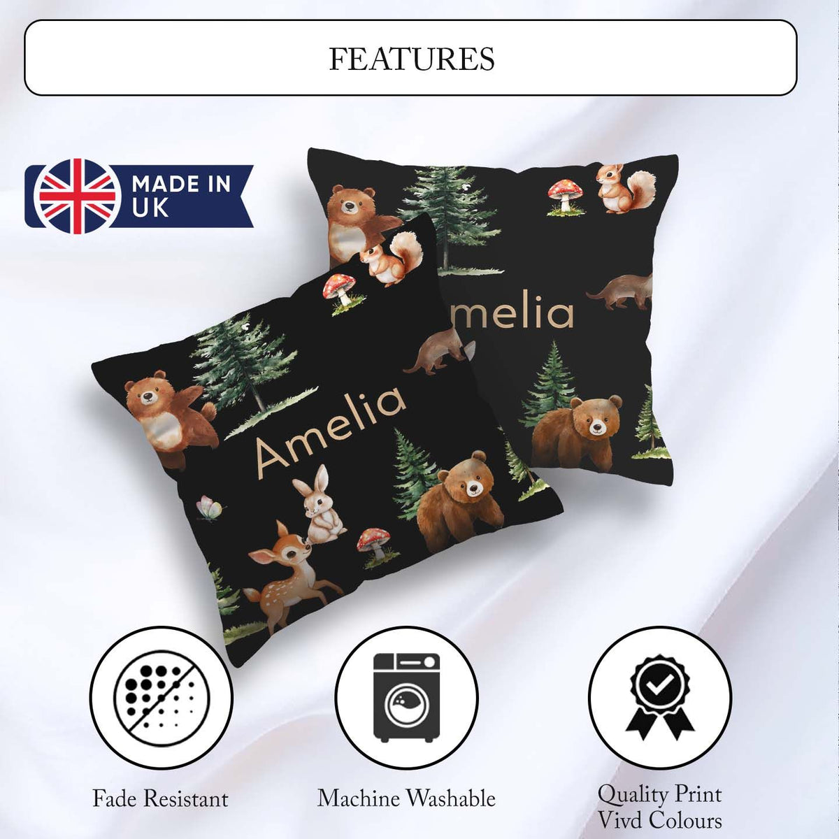Custom Name Woodland Animals Bear Deer Bunny Mushrooms Butterfly Square Filled Cushion Throw Pillow Sofa Bed Home Decor Zip Washable UK Made