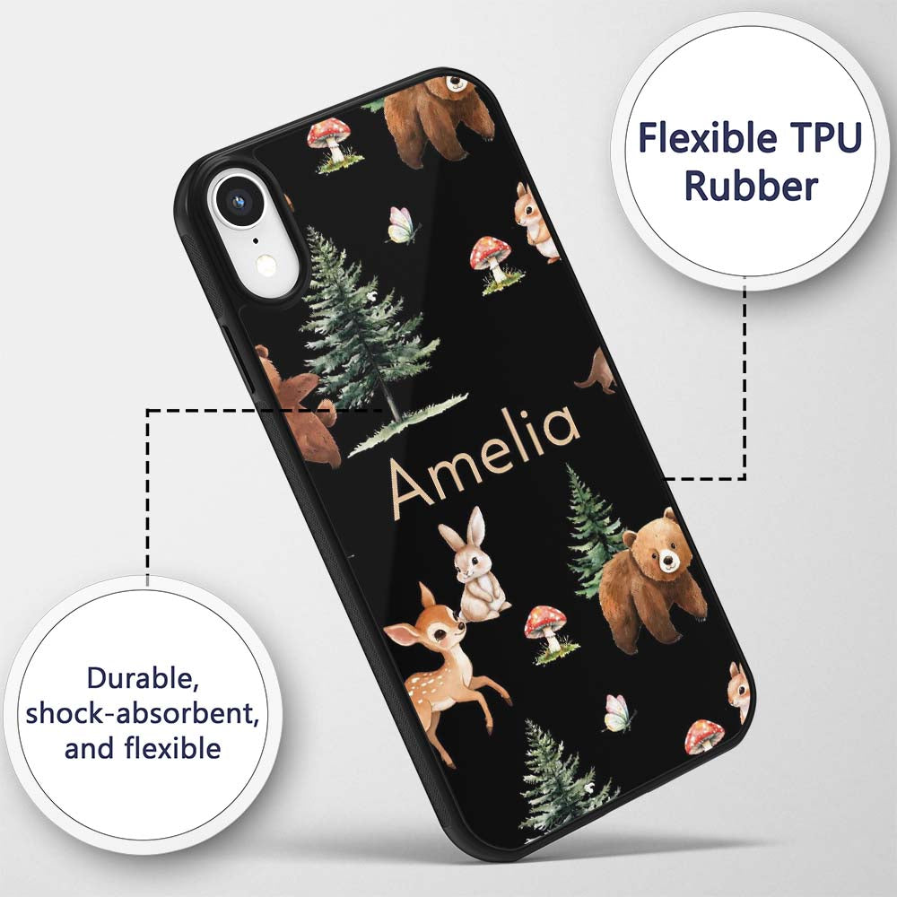 Woodland Animals Bear Deer Bunny Trees Mushrooms Custom Name Protective Phone Case Mobile Cover Durable Everyday Smartphone Shock Resistant