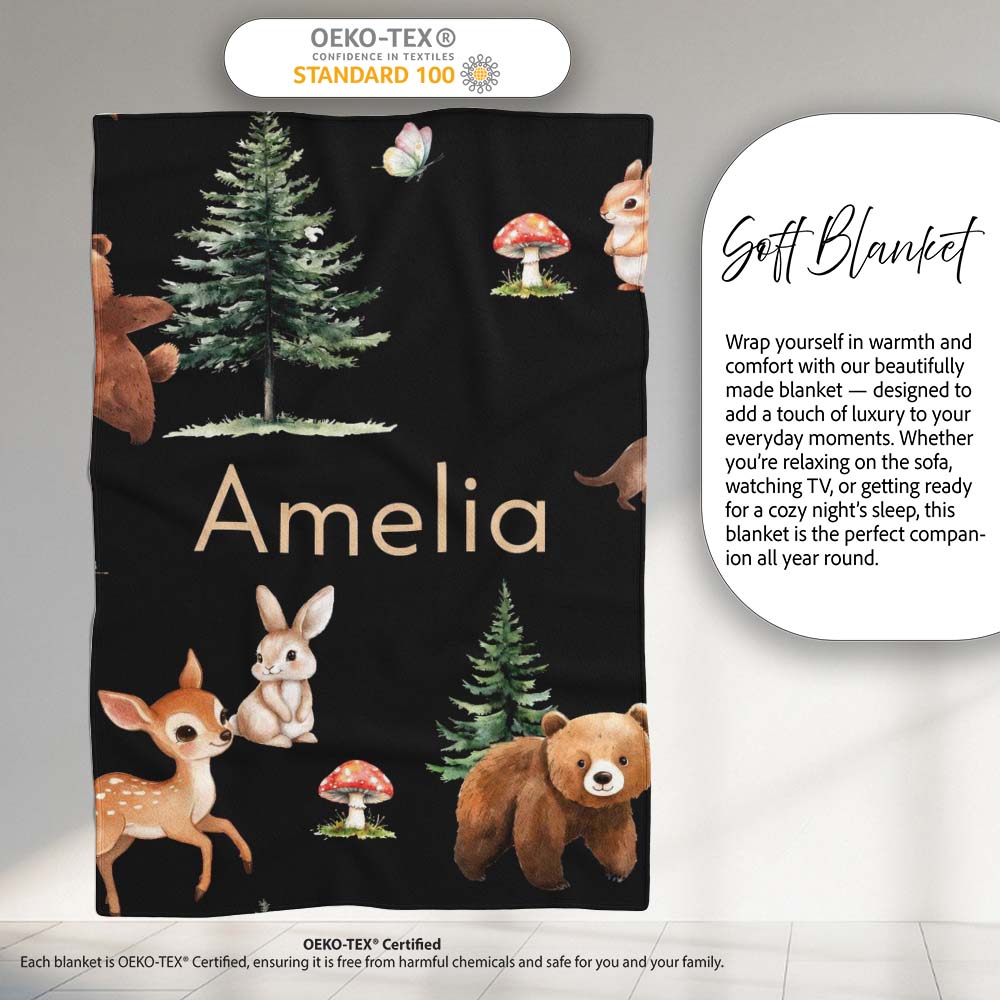 Woodland Animals Bear Deer Bunny Trees Mushrooms Butterfly Seamless  Personalised Custom Name Super Soft Fleece Blanket Bed Sofa Throw