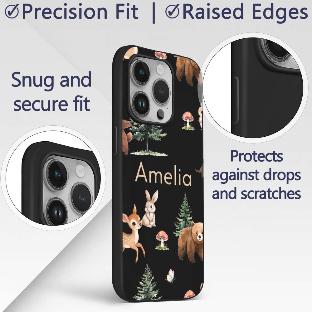 Woodland Animals Bear Deer Bunny Trees Mushrooms Custom Name Protective Phone Case Mobile Cover Durable Everyday Smartphone Shock Resistant