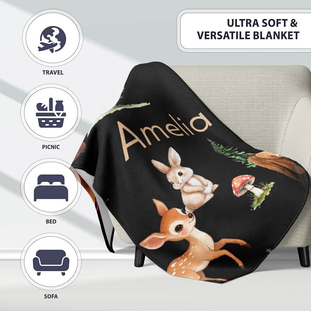Woodland Animals Bear Deer Bunny Trees Mushrooms Butterfly Seamless  Personalised Custom Name Super Soft Fleece Blanket Bed Sofa Throw